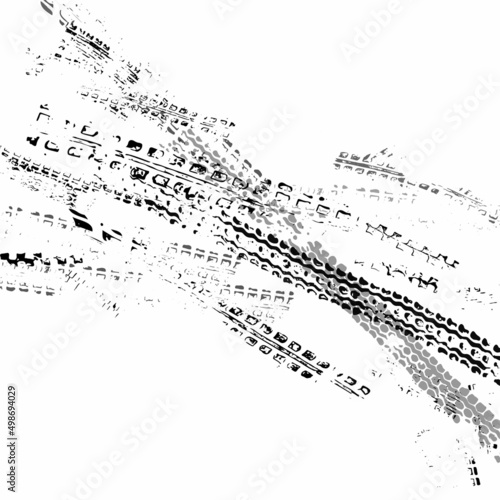 Traces from the tire tread of a car, motorcycle or bicycle. Motocross, rally, track, traces of grungy wheels. Vector texture.