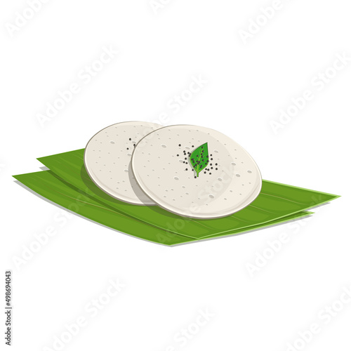 Idli South Indian food vector illustration with green banana leaves