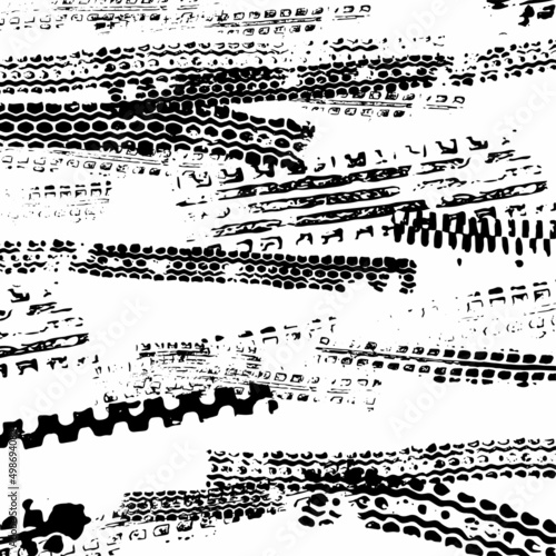 Traces from the tire tread of a car, motorcycle or bicycle. Motocross, rally, track, traces of grungy wheels. Vector texture.