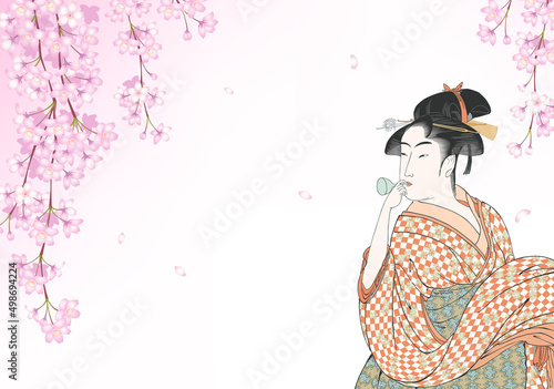 ポッピンを吹く女　ビードロを吹く娘　桜　花