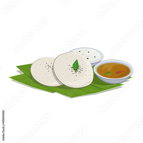 Idli and Sambhar South Indian food vector illustration with coconut chutney