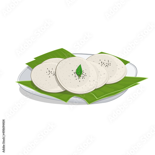 South Indian food idlies vector illustration with green leaves isolated on white background