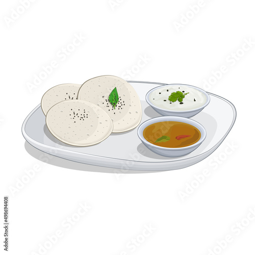South Indian Food Idli sambhar vector illustration with white coconut chutney isolated on white background