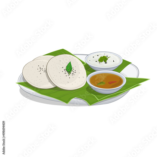 Idli South Indian food vector illustration with sambhar  and coconut chutney isolated on white background