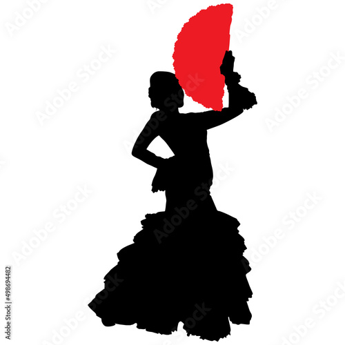 Black silhouette of flamenco dancer in beautiful dress with fan in her hand