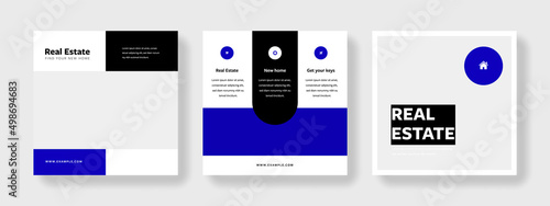Blue social media with geometrical shapes, creative instagram and facebook template posts set for selling products, place for photos, for business purposes