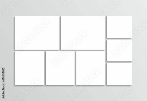 Photo collage template. Moodboard layout. Mood board background. Mosaic picture frame. Gallery banner. Scrapbook grid. Album brandboard. Retro photoframe. Portfolio memory images. Vector illustration