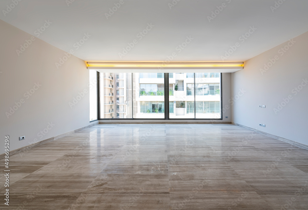 Fototapeta premium White empty room background with a panoramic view, Modern bright living room, interiors