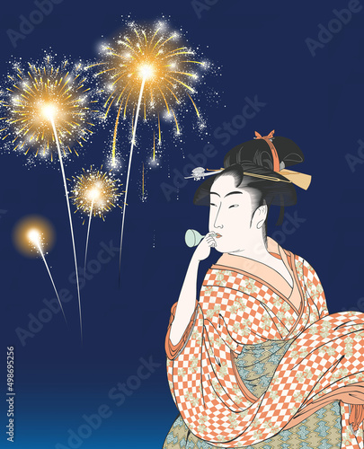 ポッピンを吹く女　ビードロを吹く娘　花火