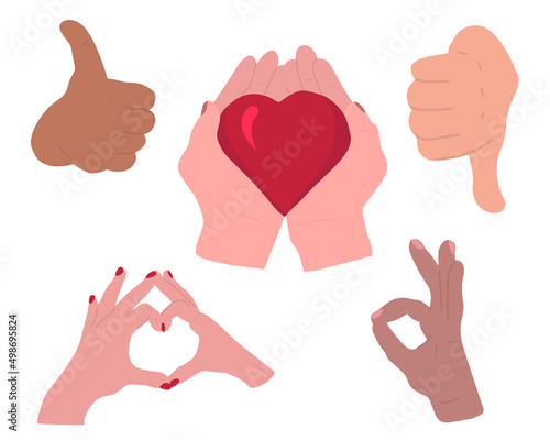 Hands Holding Thumbs Up and Thumbs Down Vector, ok and heart  Illustration. People leaving mixed reviews in contradictory evaluation process