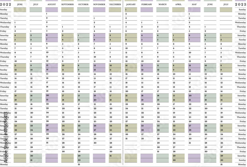 2022-2023 academic calendar, 14 months June to July large wall planner Sunday start, horizontal design
