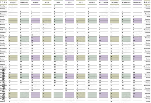 2023 yearly calendar, 12 months large wall planner Monday start, horizontal calendar