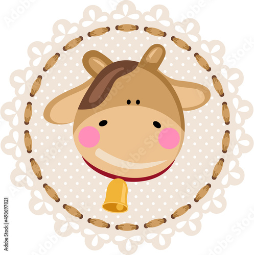 Cute brown cow head on decorative circle label