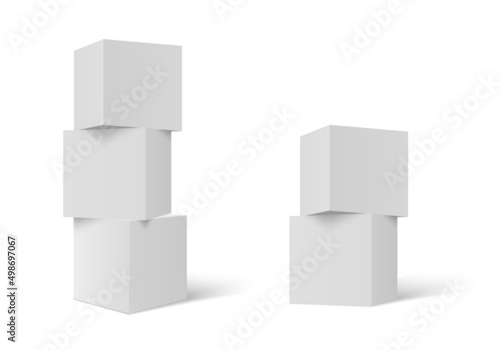 3D stacked cubes. Column of white cubes. Geometric shapes background.