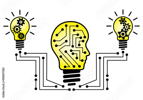 Creative idea bulb illustration on white background. Regular and head shaped yellow bulb with circuit board design. Business concept bulb to use in idea, innovation, brainstorm, solution projects.
 photo