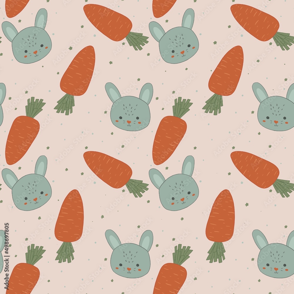 Seamless pattern with hares and carrots. Illustration on a beige background. Cute rabbit, bunny, cartoon kawaii line. Traditional Easter design. For spring decoration, wrapping paper, postcards. Seamless pattern with hares and carrots. Illustration on a beige background. Cute rabbit, bunny, cartoon kawaii line. Traditional Easter design. For spring decoration, wrapping paper, postcards.