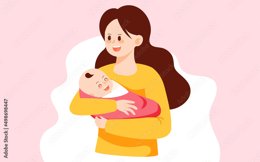 Mother's day mother holding baby among flowers, vector illustration Mother's day mother holding baby among flowers, vector illustration
