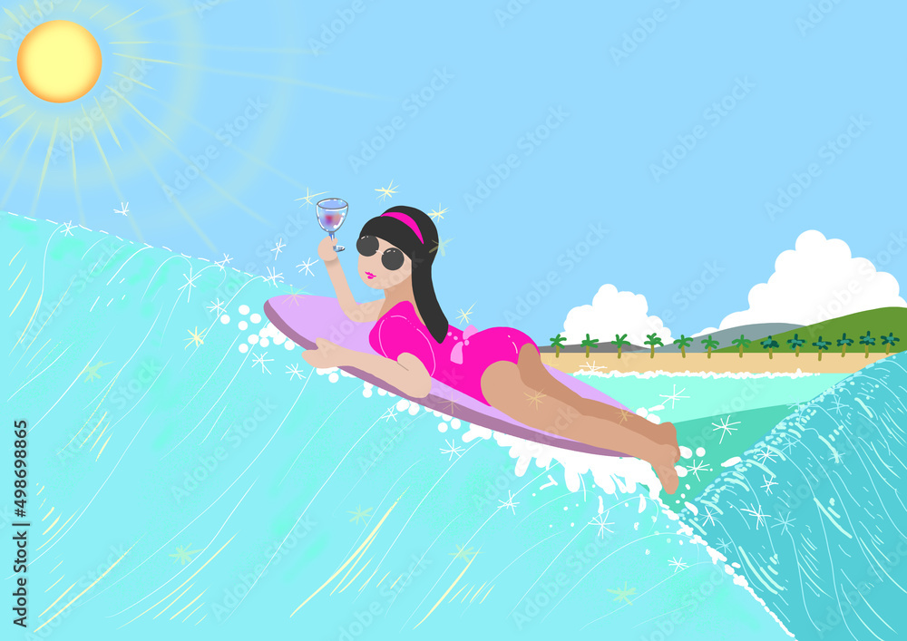 南国でサーフィンとワインを楽しむ若い女性のカラーイラスト
