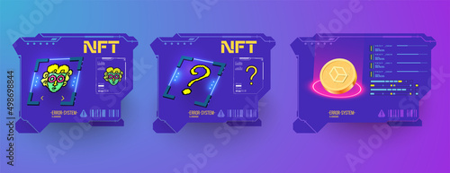 NFT creation. Futuristic frame with picture and nonfungible token icons. Buying NFT pictures, neon psychedelic guy character. NFT (kit) token in blockchain technology in digital cryptoart.