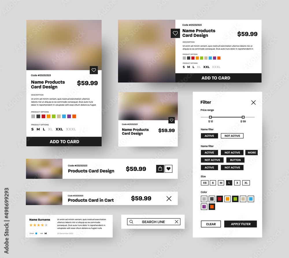 Set of vector product UI cards for mobile app stores.