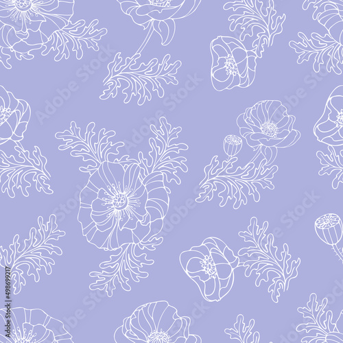Gentle nude summer flower poppy pattern. White seamless pattern on purple background. Graceful buds with leaves. Retro illustration in hand drawn style. For textile, packaging, background.
