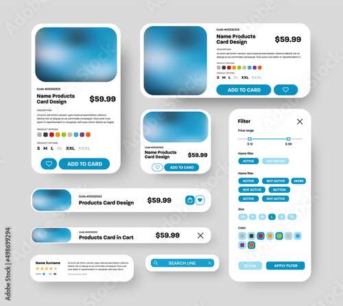 Set of vector product UI cards with rounded corners and photos for mobile app stores.