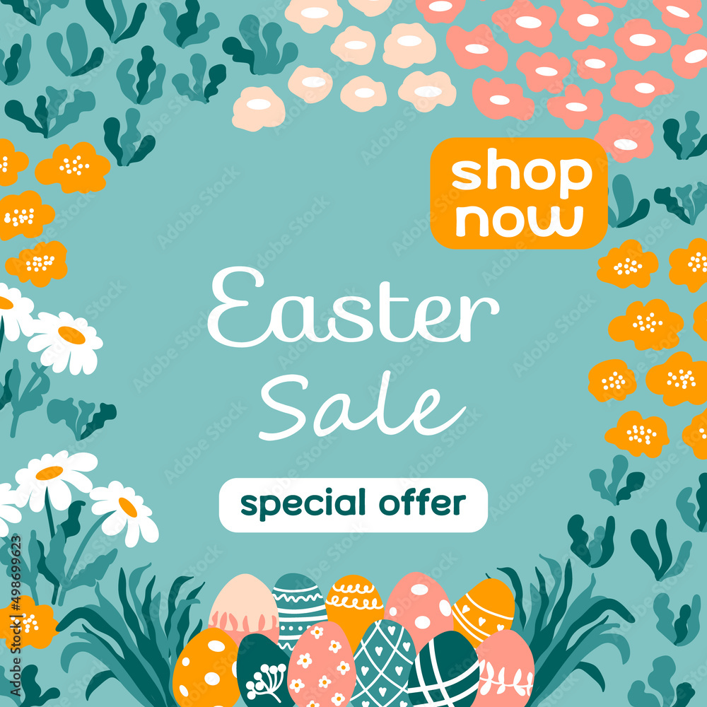 Fototapeta premium Easter Sale. Trendy vector border with Painted eggs, flowers, chamomiles, herbs. Ideal for advertising and discount in the market.