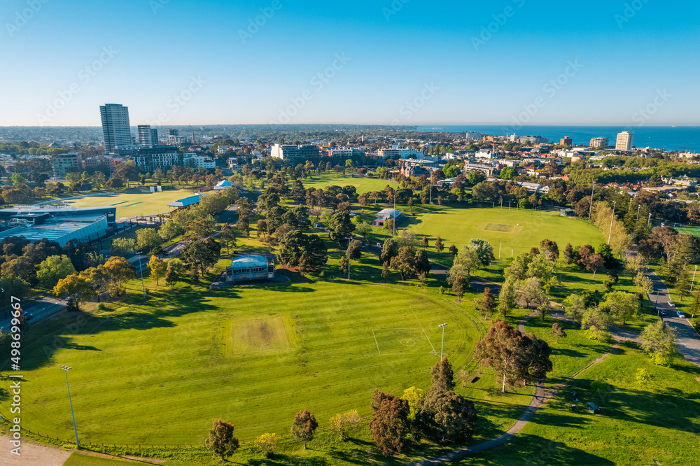 Aerial view of Albert Park.  Melbourne city skyline, Australia.