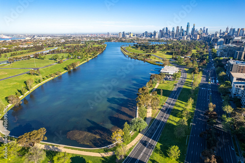 Melbourne cityscape with skyscrapers, skyline and river.