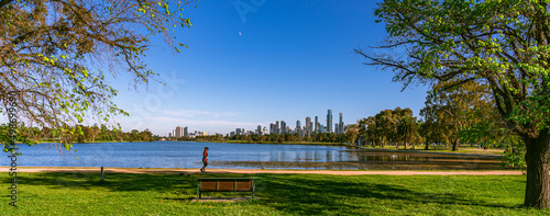 Park view with Melbourne cityscape.
