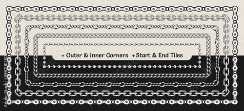 Set of chain pattern brushes with corners, end and start tiles in vintage style. Monochrome black and white illustration.