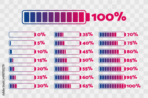 5 10 15 20 25 30 35 40 45 50 55 60 65 70 75 80 85 90 95 100 0 percent charts. Vector percentage infographics. Isolated icons for download, battery charge, business, design