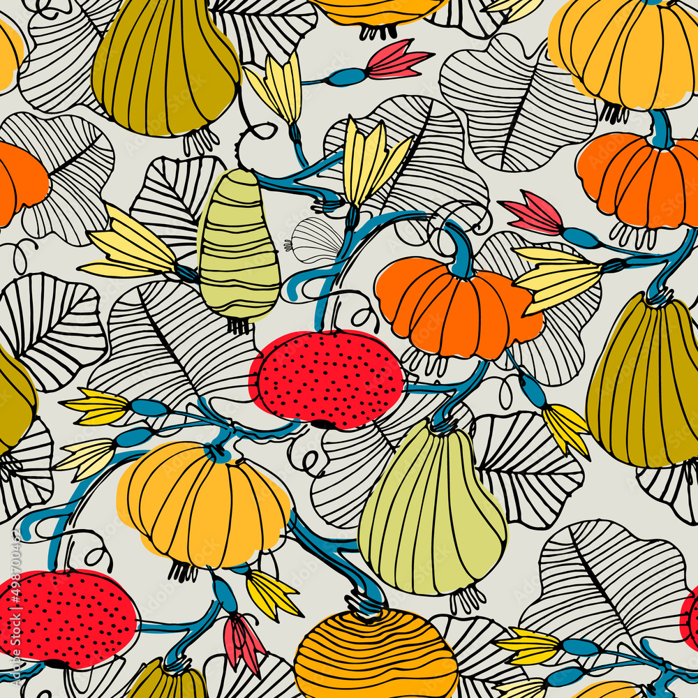 Fototapeta premium Seamless pattern with pumpkins and flowers. Hand drawn vector illustration. Autumn concept, Thanksgiving Day concept, healthy vegetables concept