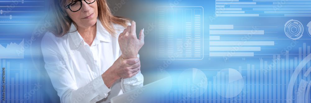 Woman suffering from wrist pain; panoramic banner Woman suffering from wrist pain; panoramic banner
