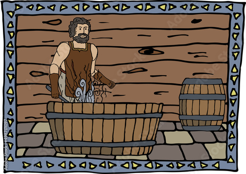 Illustration of medieval iron hardening in a stylized frame. Medieval, forge, bath, steam, ironwork, blacksmith, ready to use, eps. For your design