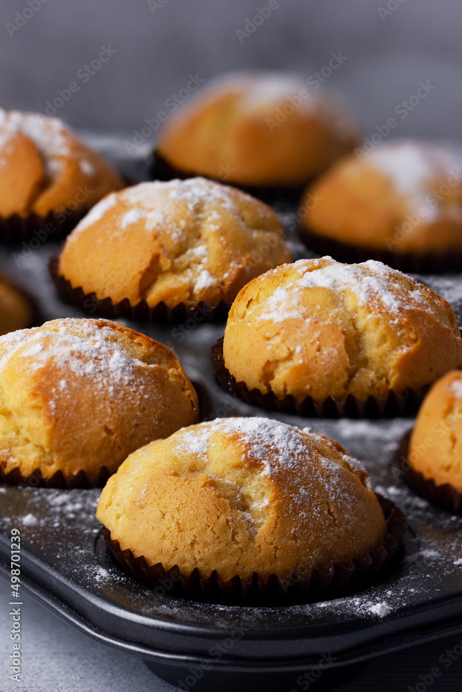 Delicious fresh homemade muffins in a baking tray.