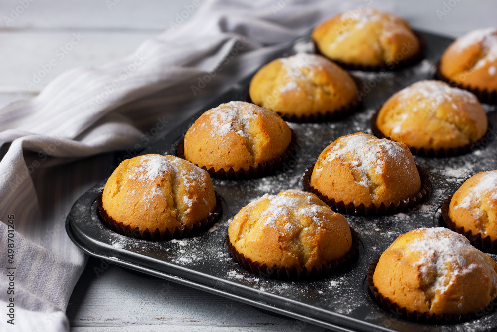 Delicious fresh homemade muffins in baking tray. Tasty sweet breakfast, homemade cakes. Delicious fresh homemade muffins in baking tray. Tasty sweet breakfast, homemade cakes.