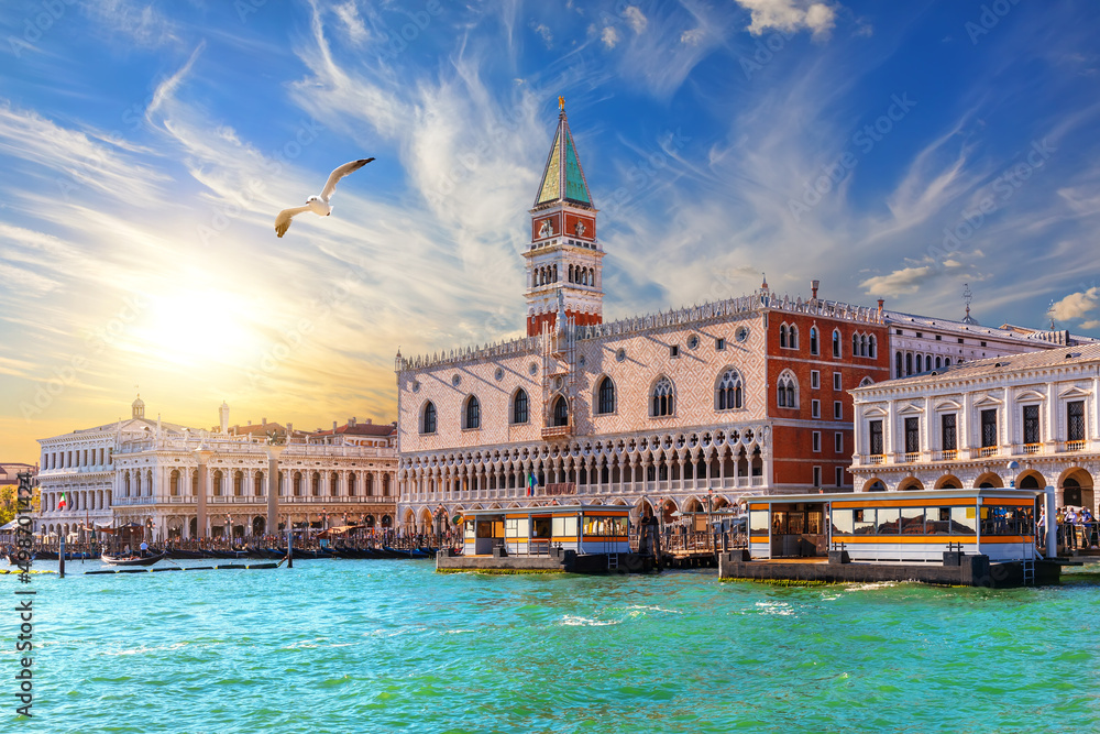 Picturesque shore of Venice, bright sky and a seagull, Italy