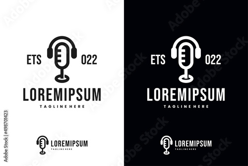 podcast logo, mic and headphone icon logo