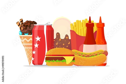 Colorful fast food vector isolated on white background. Fast food hamburger dinner and restaurant, delicious set of fast food lots of food in flat style.