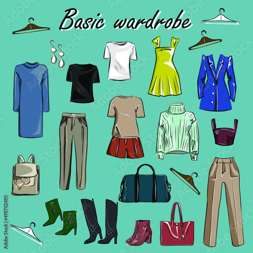 Minimalism. Fashion. Capsule basic wardrobe for a woman. Big cupboard. Wardrobe with a set of clothes on hangers and bags. Isolated vector objects.