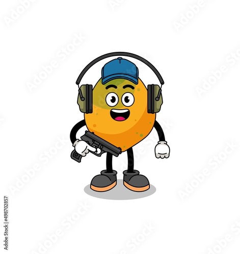 Character mascot of papaya fruit doing shooting range