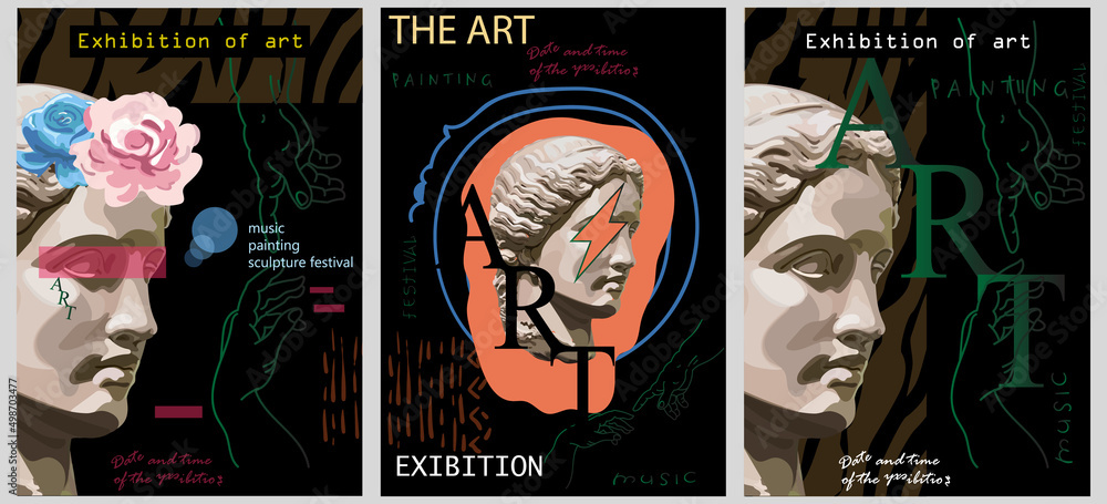 Obraz premium Art posters for the exhibition of painting, sculpture and music. Vector illustration of abstract background, greek sculpture, pattern for magazine or cover.