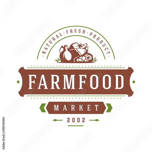 Farmers market logo template vector illustration. Farmer logotype or badge design. Trendy retro style farm natural organic products food silhouette.