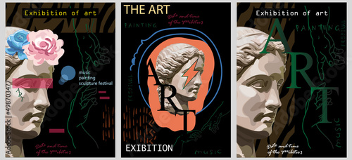 Art posters for the exhibition of painting, sculpture and music. Vector illustration of abstract background, greek sculpture, pattern for magazine or cover.