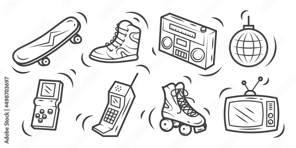 A set of illustrations, retro elements of the 90s. Trendy vintage isolated doodles. A set of illustrations, retro elements of the 90s. Trendy vintage isolated doodles.