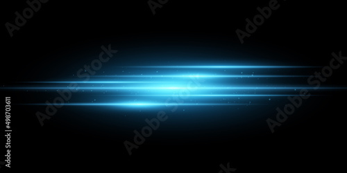 Vector light effect isolated on black background. Vector blue flash. Lens flare and glare. Abstract blue rays. Glowing lines with sparks