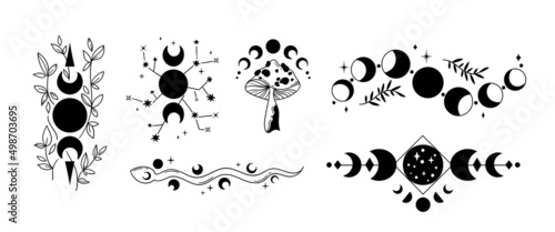 Mystical floral moon phases isolated cliparts bundle, celestial magic boho moon collection, Phase of the Moon set, silhouettes of luna, esoteric objects - black and white vector