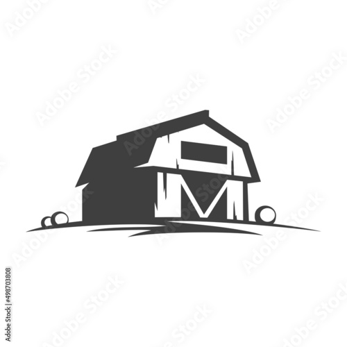 Farm barn silhouette isolated on white background vector object in retro style. Can be used for logo or badge.