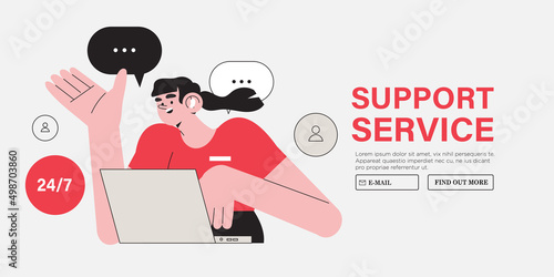 Female character specialist from customer service or technical support working on laptop in office. Concept of online support or assistance, call center or e-commerce banner, landing page design.